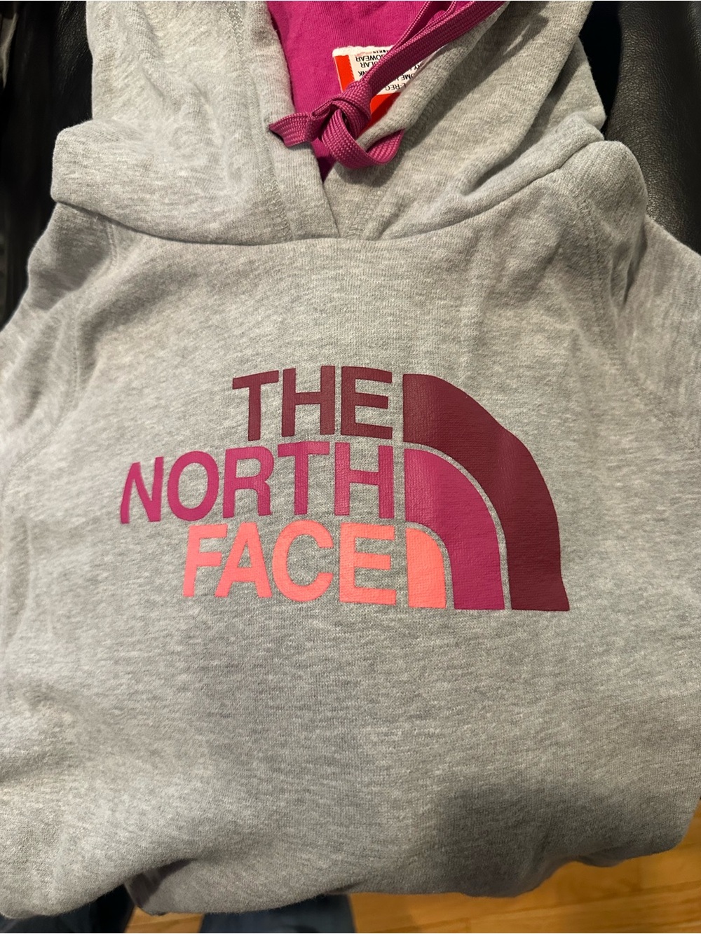 The North Face Women’s Gray Hoodie with Pink and Maroon Logo